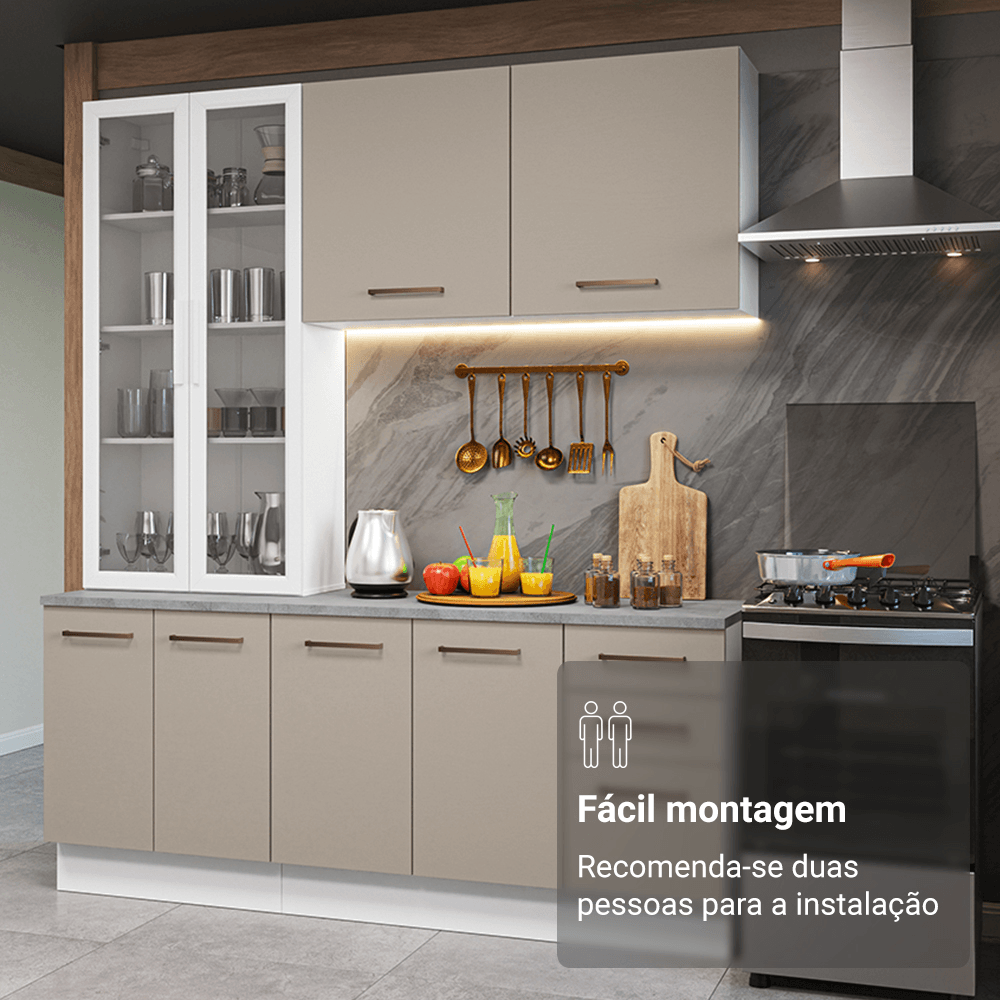 Armário de Cozinha Compacta 190cm com Cristaleira Branco/Crema Agata Madesa 01