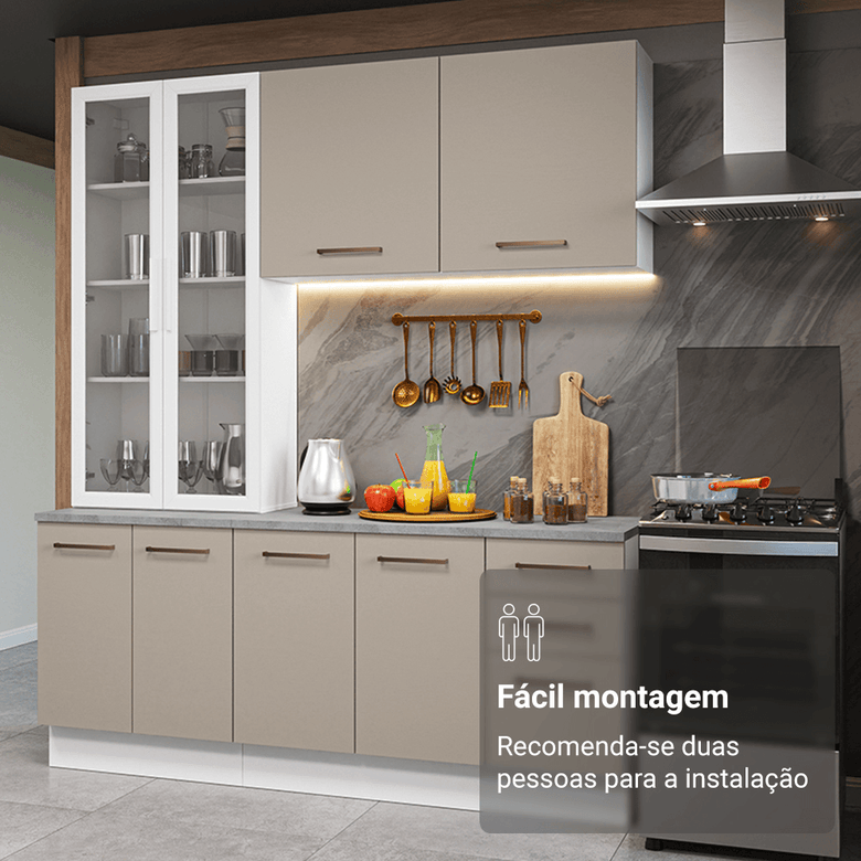 Armário de Cozinha Compacta 190cm com Cristaleira Branco/Crema Agata Madesa 01