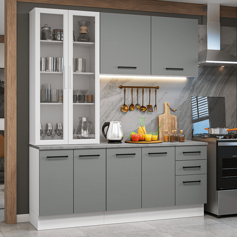 Armário de Cozinha Compacta 190cm com Cristaleira Branco/Cinza Agata Madesa 01 - Branco/Cinza