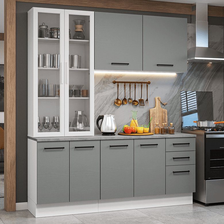 Armário de Cozinha Compacta 190cm com Cristaleira Branco/Cinza Agata Madesa 01