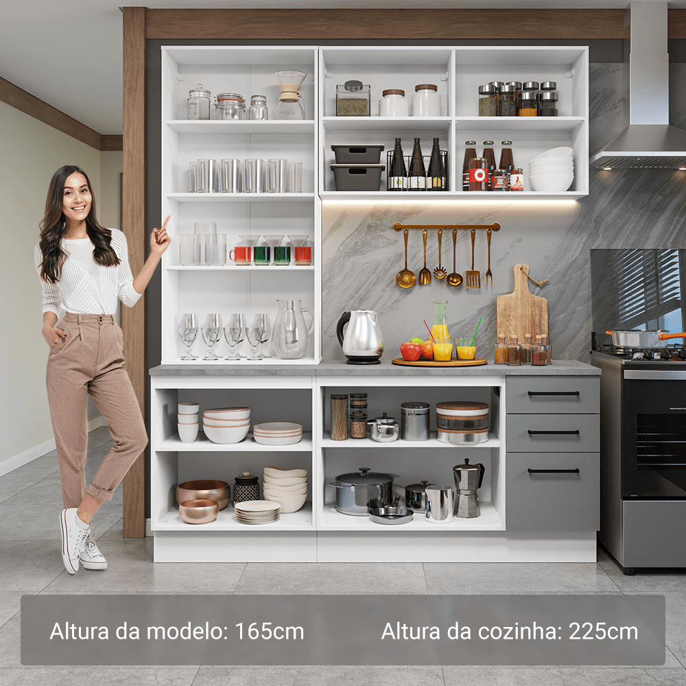 Armário de Cozinha Compacta 190cm com Cristaleira Branco/Cinza Agata Madesa 01