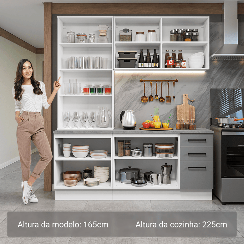 Armário de Cozinha Compacta 190cm com Cristaleira Branco/Cinza Agata Madesa 01