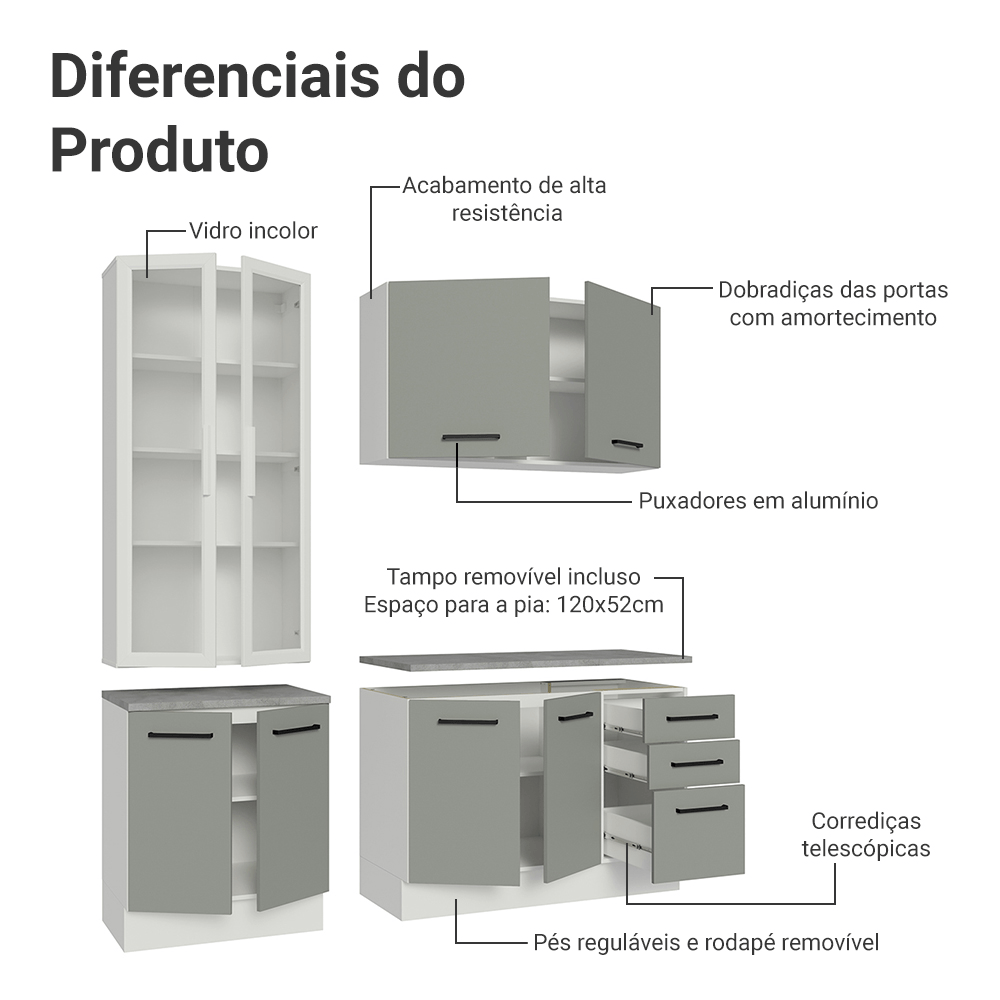 Armário de Cozinha Compacta 190cm com Cristaleira Branco/Cinza Agata Madesa 01