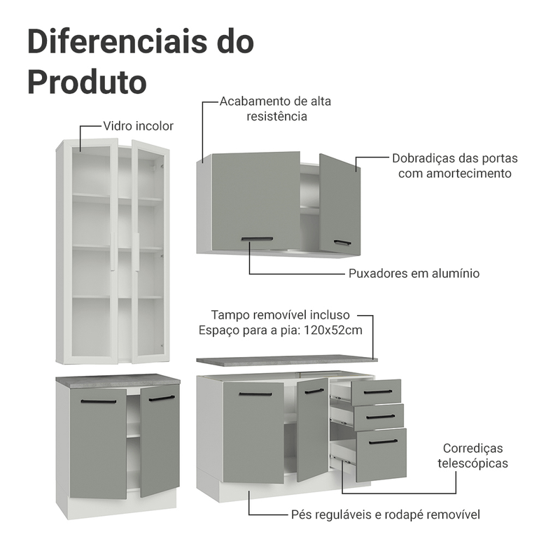 Armário de Cozinha Compacta 190cm com Cristaleira Branco/Cinza Agata Madesa 01