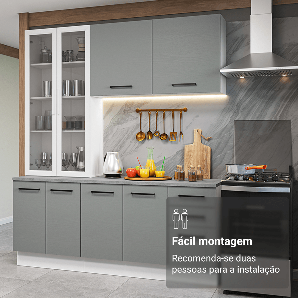 Armário de Cozinha Compacta 190cm com Cristaleira Branco/Cinza Agata Madesa 01