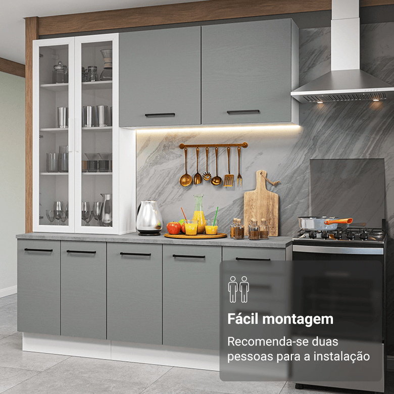 Armário de Cozinha Compacta 190cm com Cristaleira Branco/Cinza Agata Madesa 01
