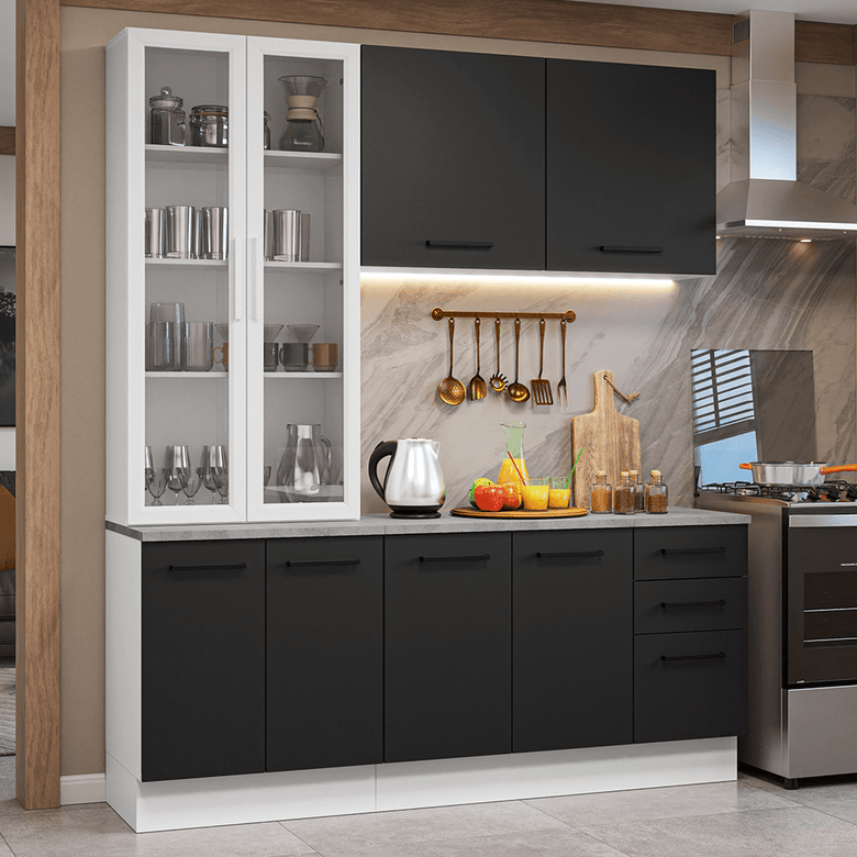 Armário de Cozinha Compacta 190cm com Cristaleira Branco/Preto Agata Madesa 01