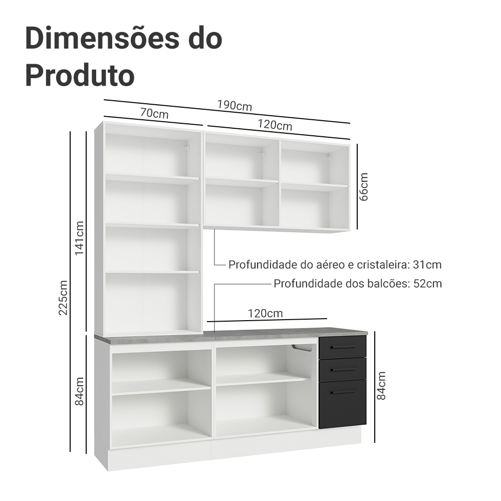 Armário de Cozinha Compacta 190cm com Cristaleira Branco/Preto Agata Madesa 01