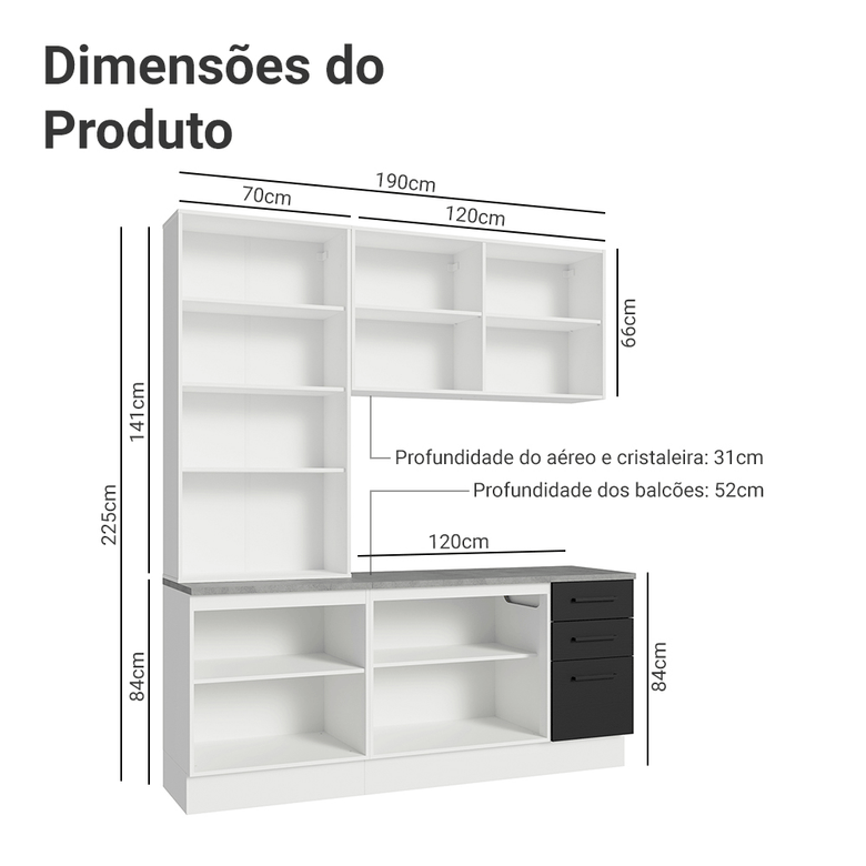 Armário de Cozinha Compacta 190cm com Cristaleira Branco/Preto Agata Madesa 01
