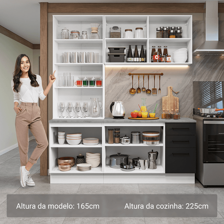 Armário de Cozinha Compacta 190cm com Cristaleira Branco/Preto Agata Madesa 01