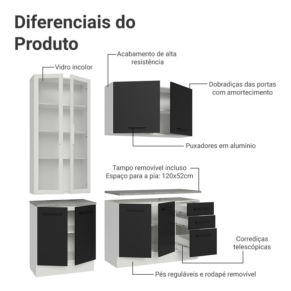 Armário de Cozinha Compacta 190cm com Cristaleira Branco/Preto Agata Madesa 01