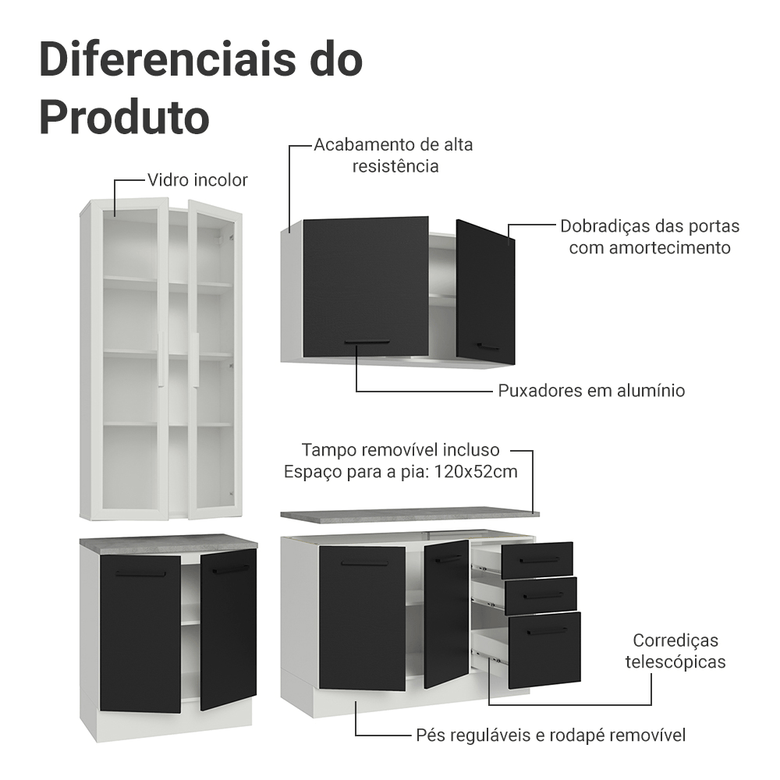 Armário de Cozinha Compacta 190cm com Cristaleira Branco/Preto Agata Madesa 01