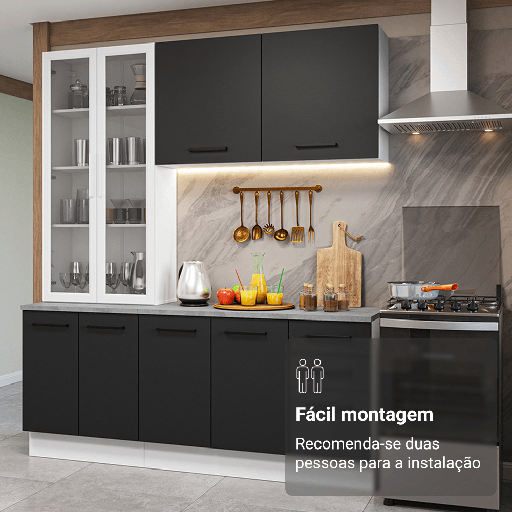 Armário de Cozinha Compacta 190cm com Cristaleira Branco/Preto Agata Madesa 01