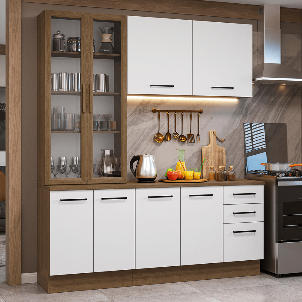 Armário de Cozinha Compacta 190cm com Cristaleira Rustic/Branco Agata Madesa 01 - Rustic/Branco