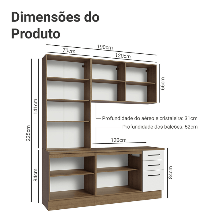 Armário de Cozinha Compacta 190cm com Cristaleira Rustic/Branco Agata Madesa 01