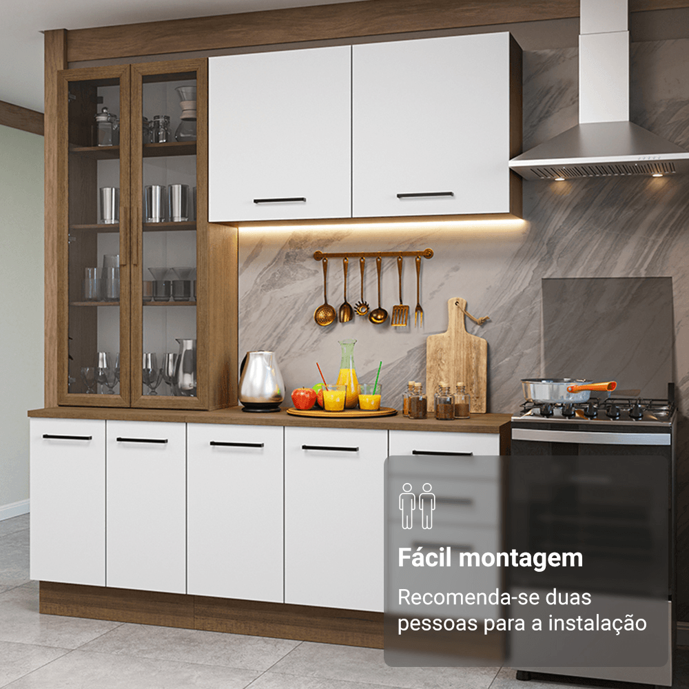 Armário de Cozinha Compacta 190cm com Cristaleira Rustic/Branco Agata Madesa 01