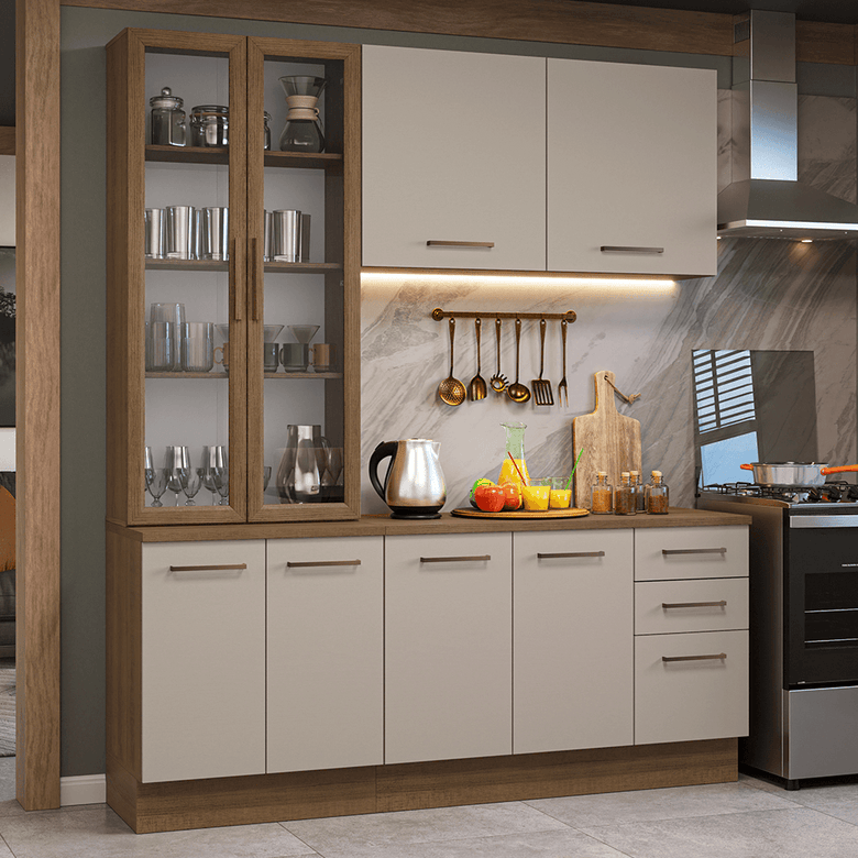 Armário de Cozinha Compacta 190cm com Cristaleira Rustic/Crema Agata Madesa 01