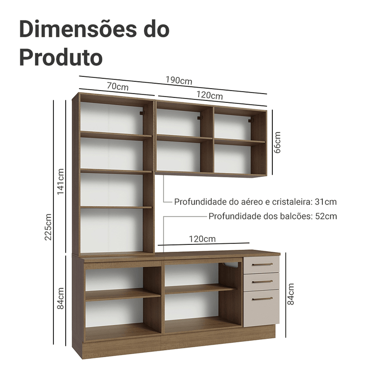 Armário de Cozinha Compacta 190cm com Cristaleira Rustic/Crema Agata Madesa 01