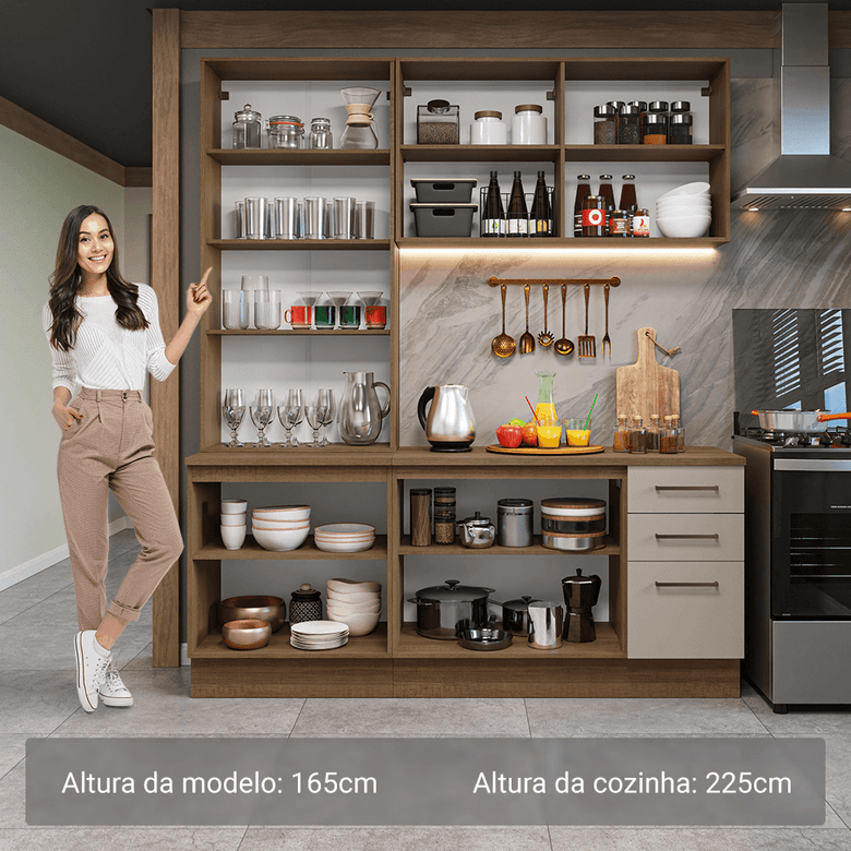 Armário de Cozinha Compacta 190cm com Cristaleira Rustic/Crema Agata Madesa 01