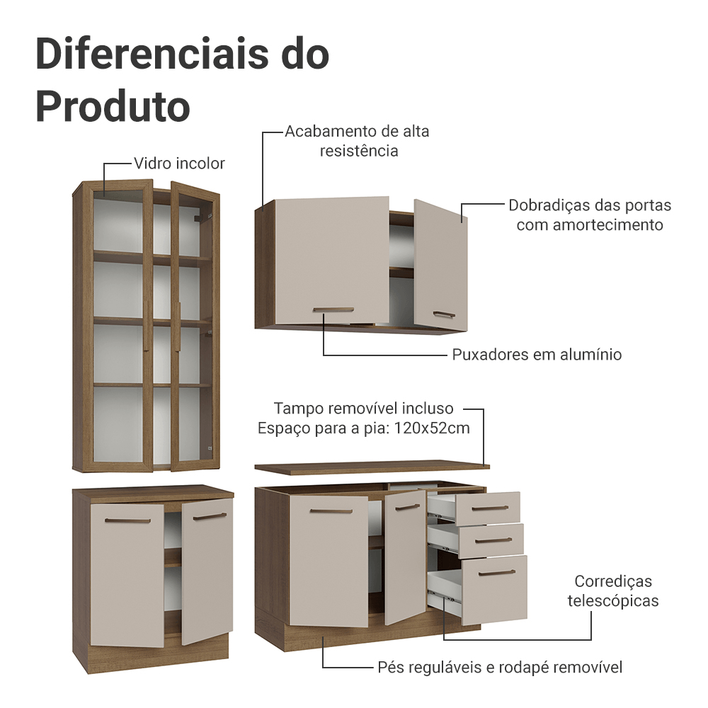Armário de Cozinha Compacta 190cm com Cristaleira Rustic/Crema Agata Madesa 01