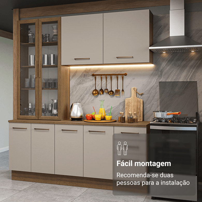 Armário de Cozinha Compacta 190cm com Cristaleira Rustic/Crema Agata Madesa 01