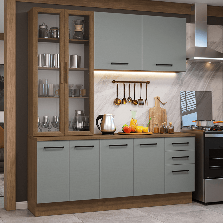 Armário de Cozinha Compacta 190cm com Cristaleira Rustic/Cinza Agata Madesa 01