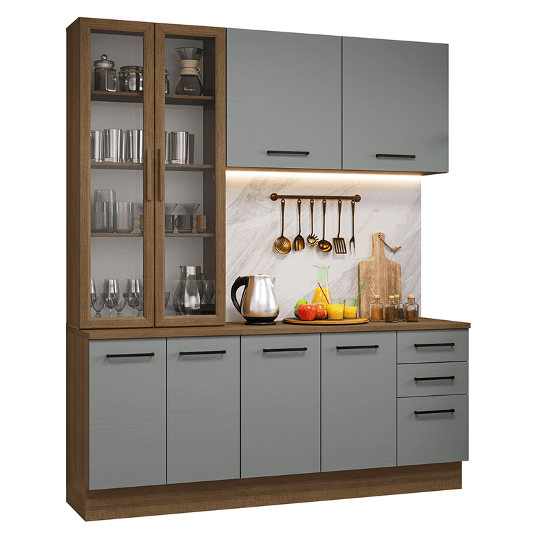 Armário de Cozinha Compacta 190cm com Cristaleira Rustic/Cinza Agata Madesa 01