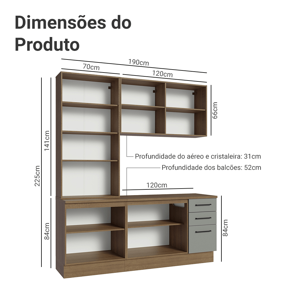 Armário de Cozinha Compacta 190cm com Cristaleira Rustic/Cinza Agata Madesa 01