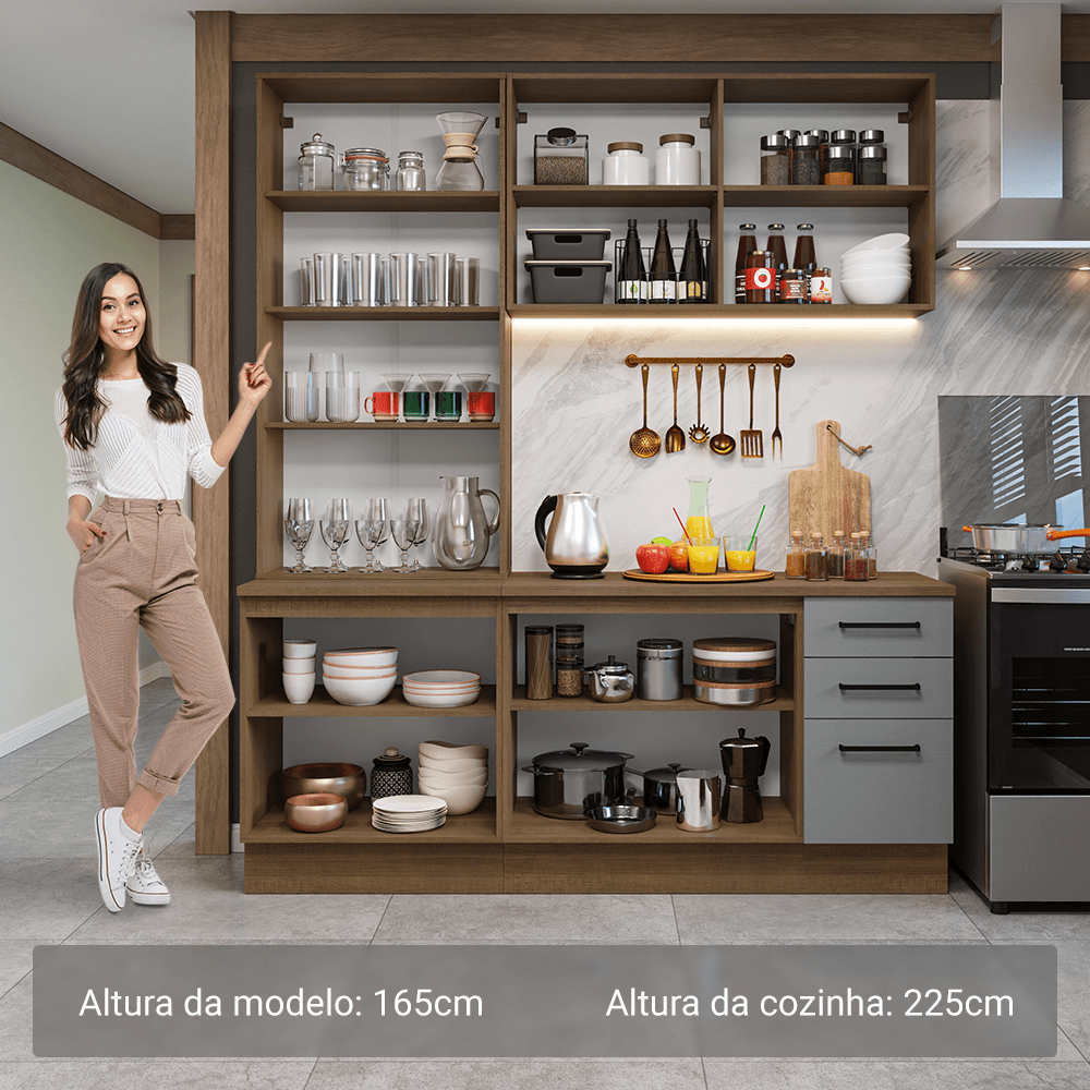 Armário de Cozinha Compacta 190cm com Cristaleira Rustic/Cinza Agata Madesa 01