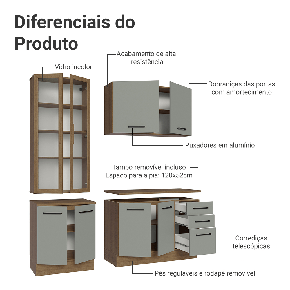 Armário de Cozinha Compacta 190cm com Cristaleira Rustic/Cinza Agata Madesa 01