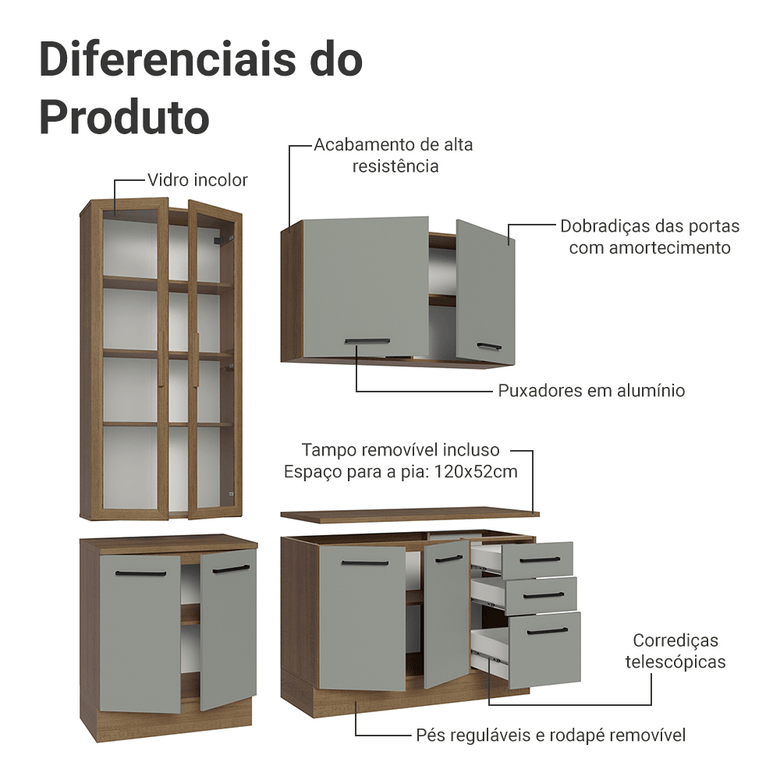 Armário de Cozinha Compacta 190cm com Cristaleira Rustic/Cinza Agata Madesa 01