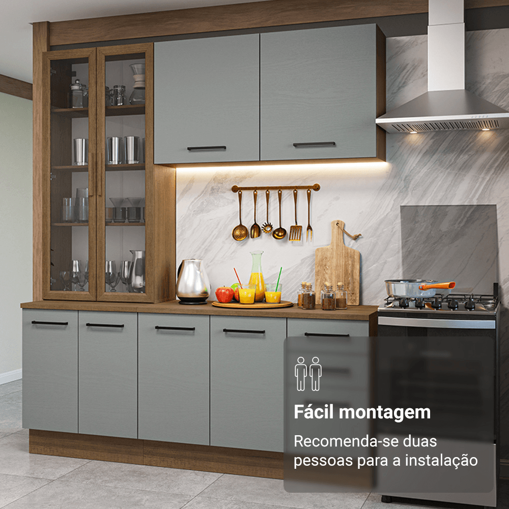 Armário de Cozinha Compacta 190cm com Cristaleira Rustic/Cinza Agata Madesa 01