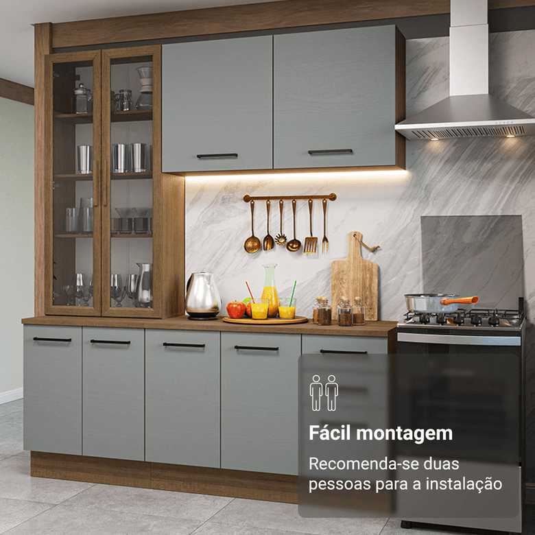 Armário de Cozinha Compacta 190cm com Cristaleira Rustic/Cinza Agata Madesa 01