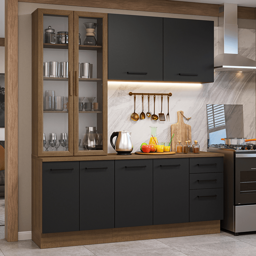 Armário de Cozinha Compacta 190cm com Cristaleira Rustic/Preto Agata Madesa 01 - Rustic/Preto