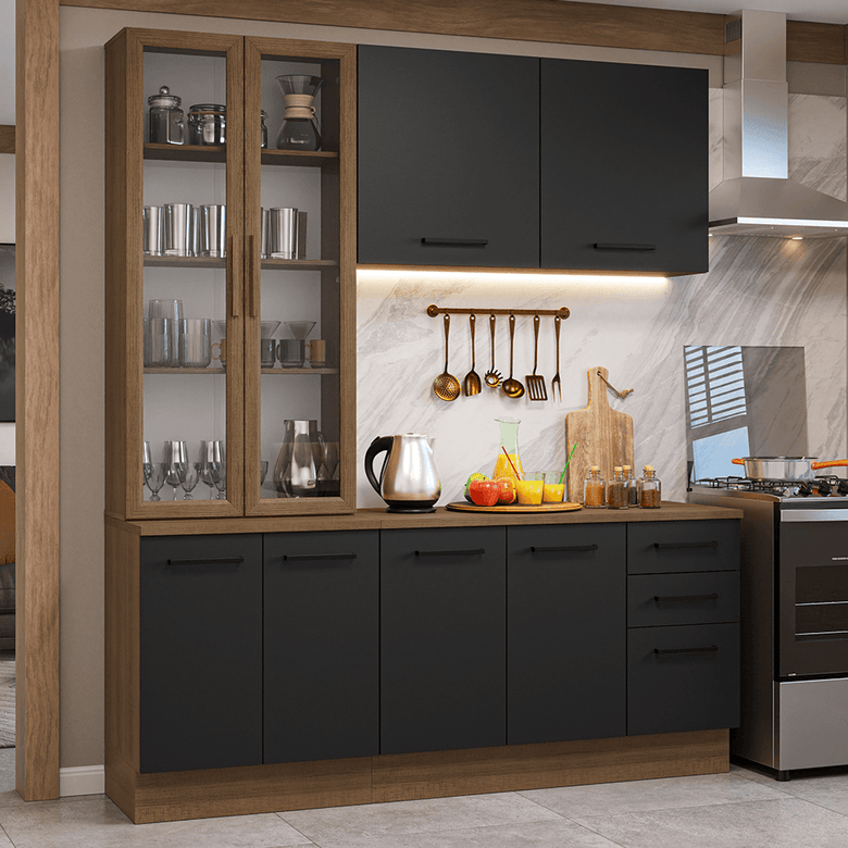 Armário de Cozinha Compacta 190cm com Cristaleira Rustic/Preto Agata Madesa 01