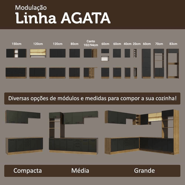 Armário de Cozinha Compacta 190cm com Cristaleira Rustic/Preto Agata Madesa 01