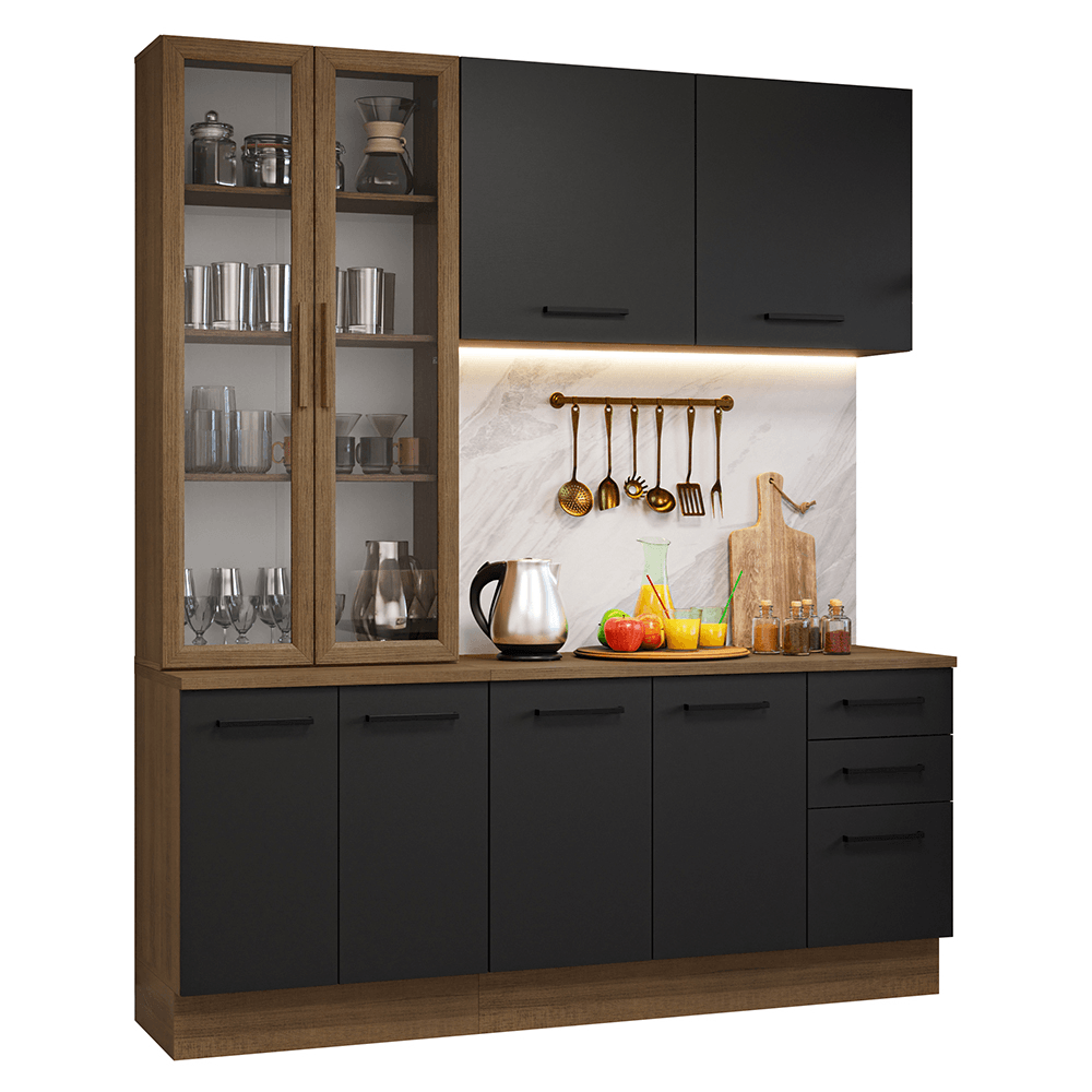 Armário de Cozinha Compacta 190cm com Cristaleira Rustic/Preto Agata Madesa 01 - Rustic/Preto