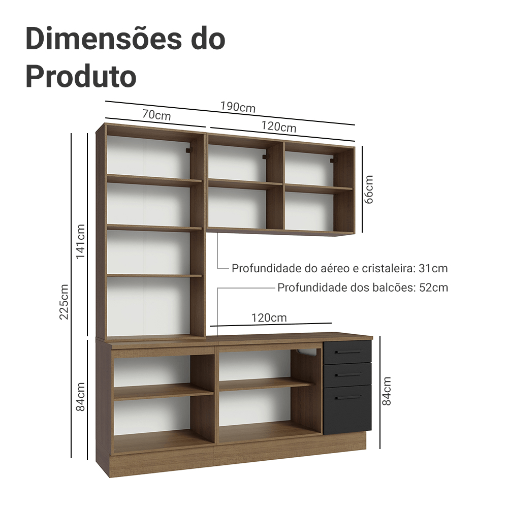 Armário de Cozinha Compacta 190cm com Cristaleira Rustic/Preto Agata Madesa 01