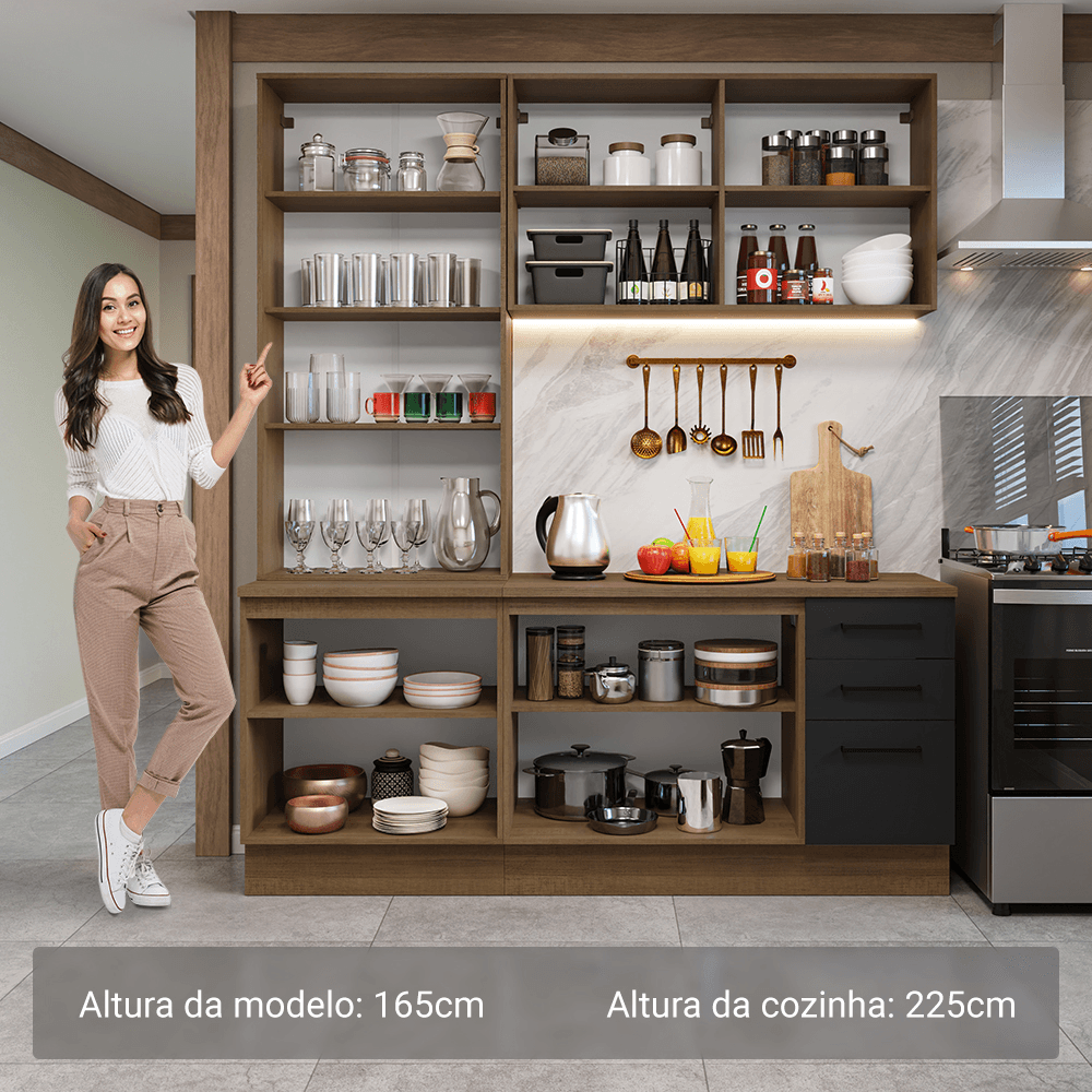 Armário de Cozinha Compacta 190cm com Cristaleira Rustic/Preto Agata Madesa 01
