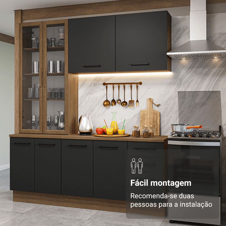 Armário de Cozinha Compacta 190cm com Cristaleira Rustic/Preto Agata Madesa 01