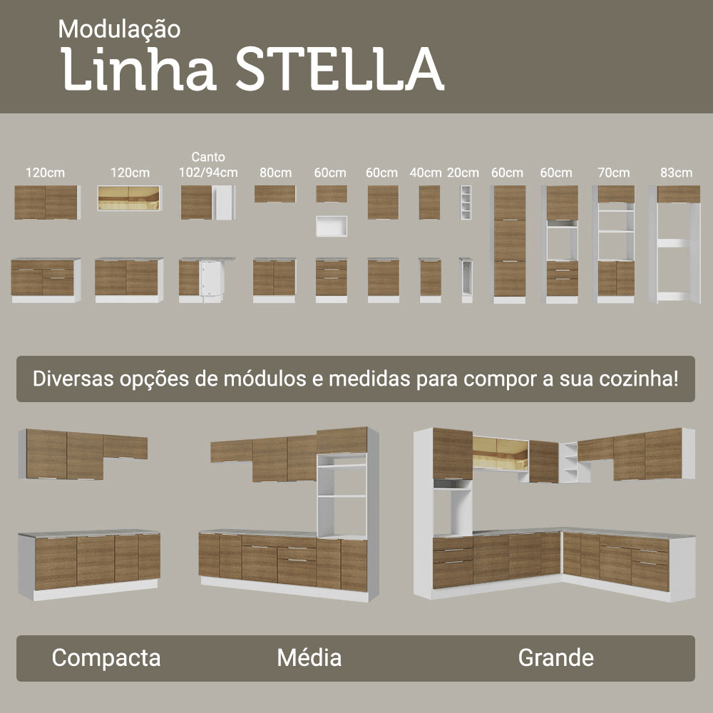 Armário de Cozinha Compacta 190cm Branco/Rustic Stella Madesa 03