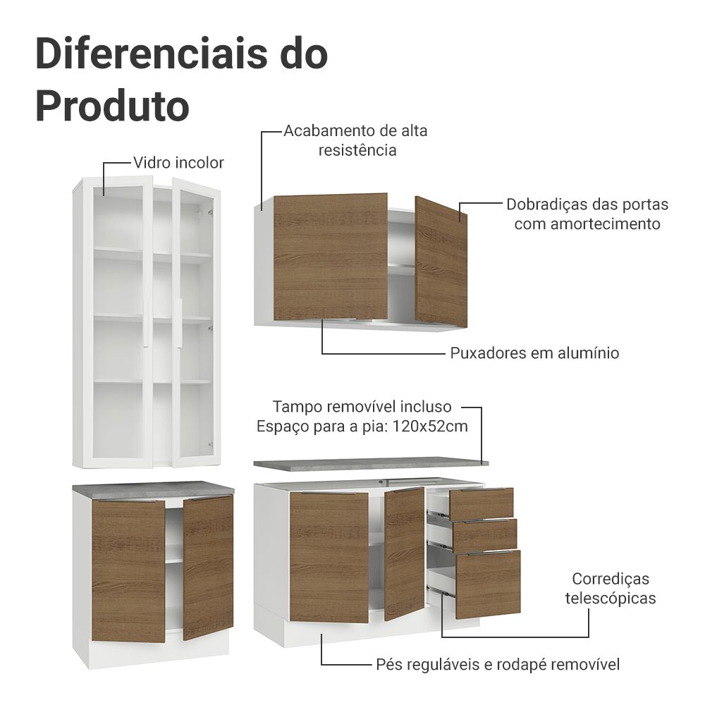 Armário de Cozinha Compacta 190cm Branco/Rustic Stella Madesa 03