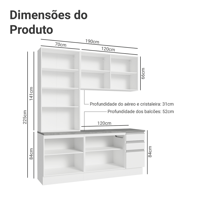 Armário de Cozinha Compacta 190cm Branco Glamy Madesa 05