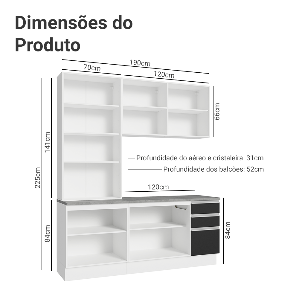 Armário de Cozinha Compacta 190cm Branco/Preto Glamy Madesa 05