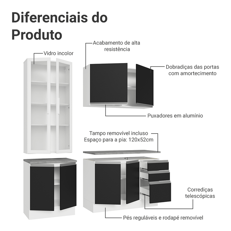 Armário de Cozinha Compacta 190cm Branco/Preto Glamy Madesa 05