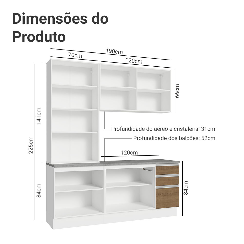Armário de Cozinha Compacta 190cm Branco/Rustic Glamy Madesa 05