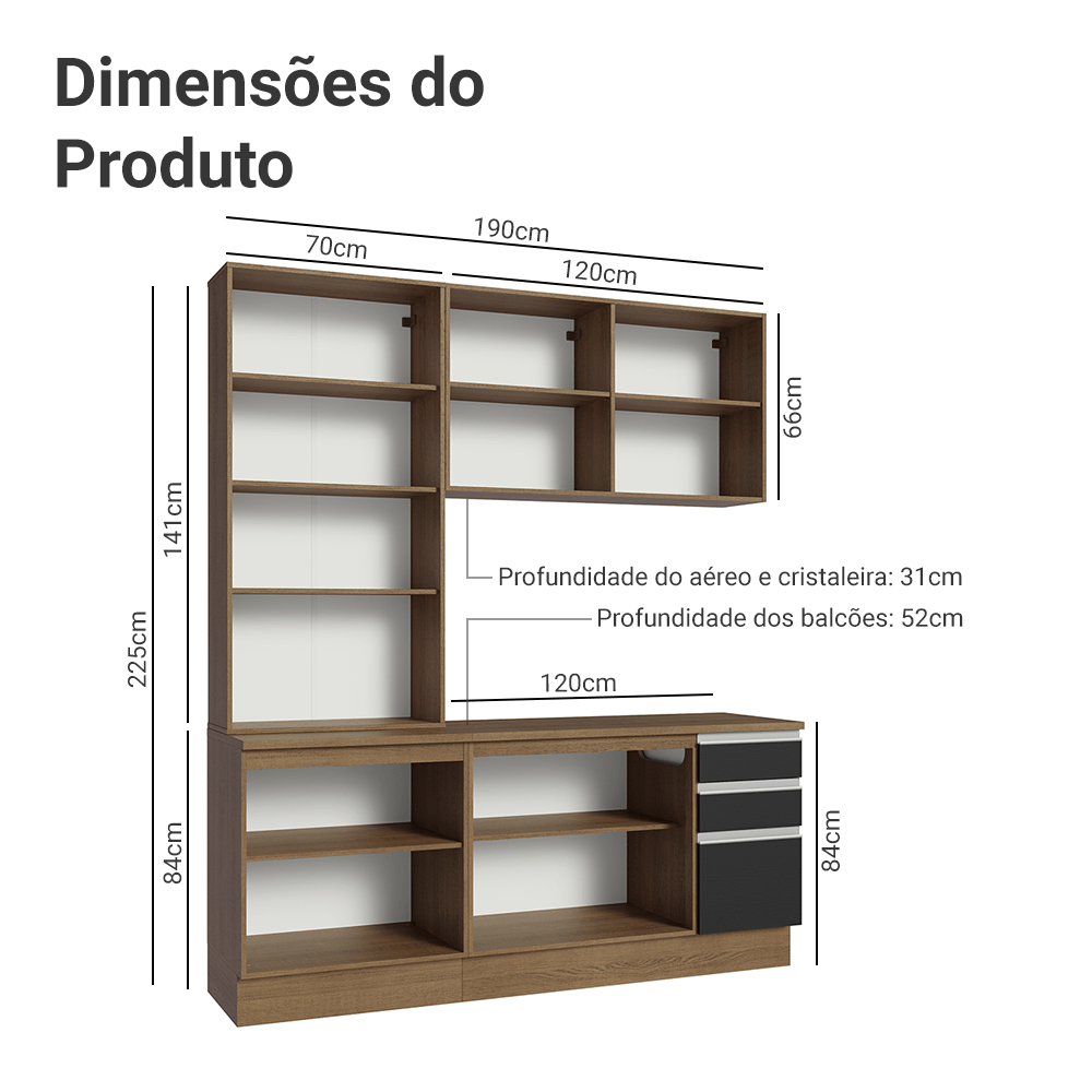 Armário de Cozinha Compacta 190cm Rustic/Preto Glamy Madesa 05