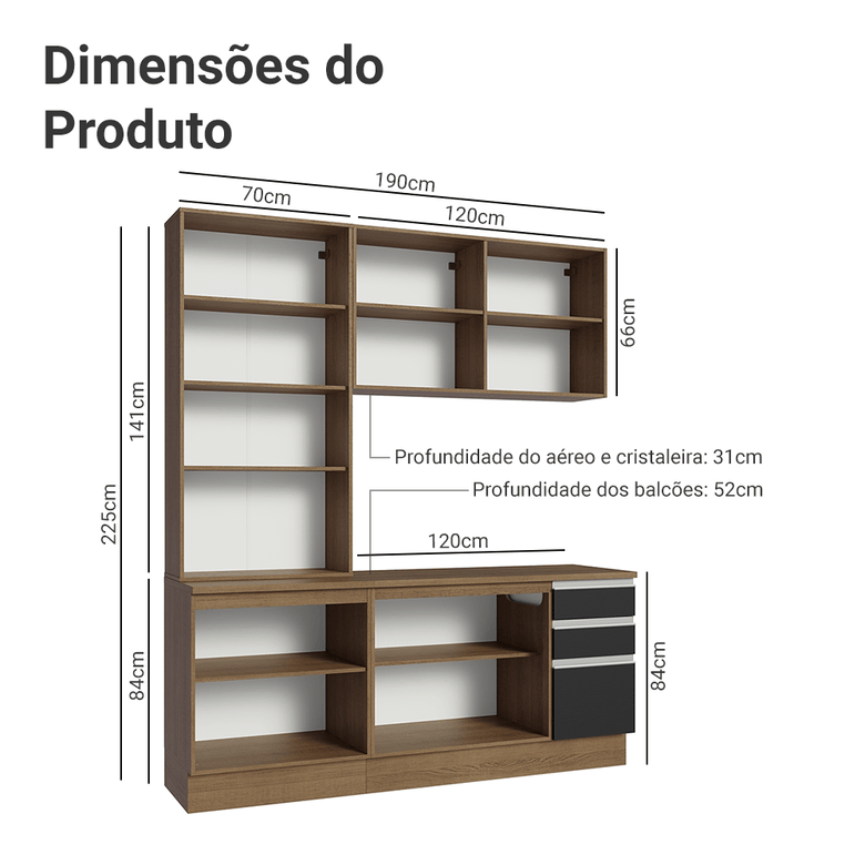Armário de Cozinha Compacta 190cm Rustic/Preto Glamy Madesa 05