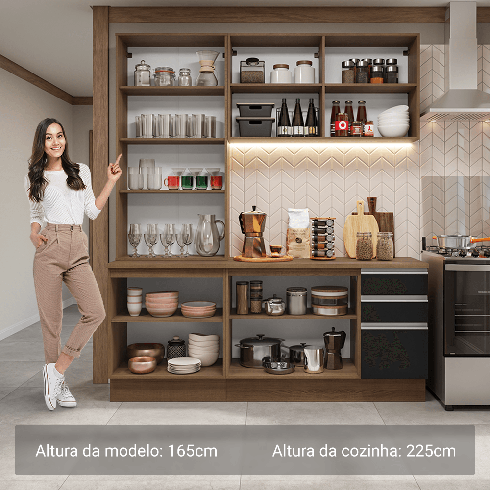 Armário de Cozinha Compacta 190cm Rustic/Preto Glamy Madesa 05