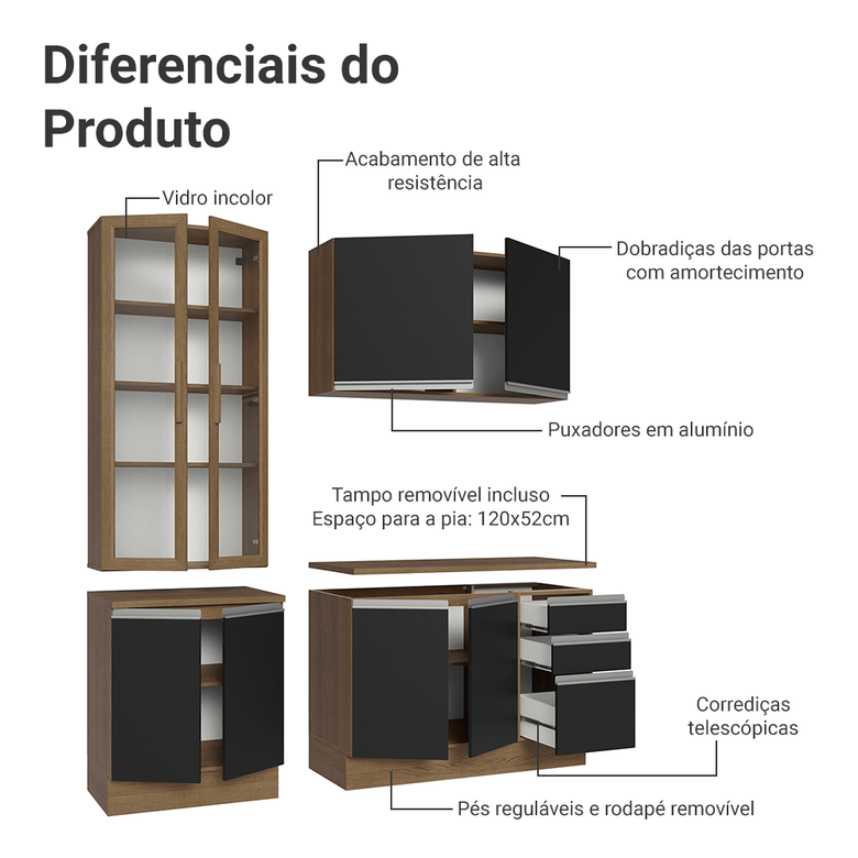 Armário de Cozinha Compacta 190cm Rustic/Preto Glamy Madesa 05